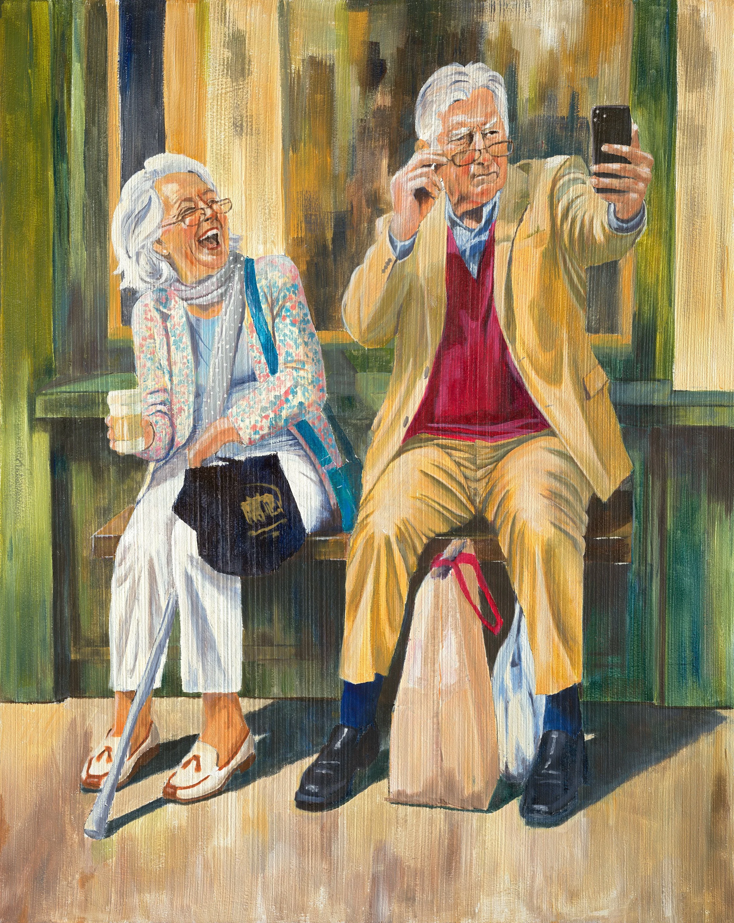 Expressive figurative painting of an older couple laughing together while taking a selfie by Scottish artist Amanda Beveridge