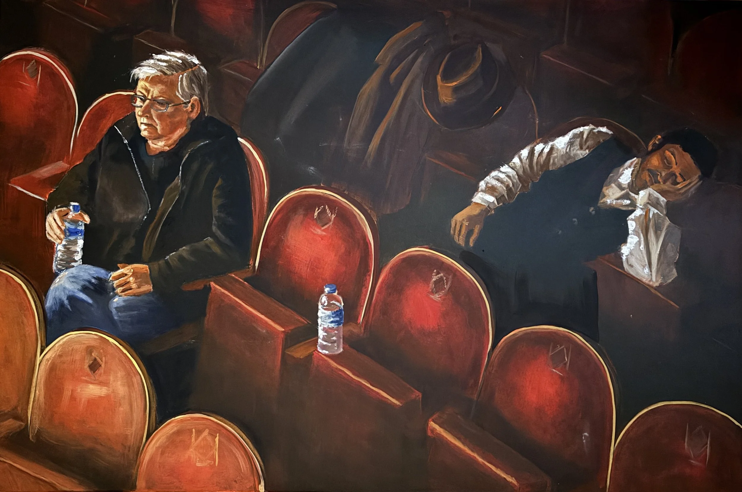 Painting of two men sitting apart among red theatre seats, one holding a water bottle and the other reclining with his head resting on his hand.