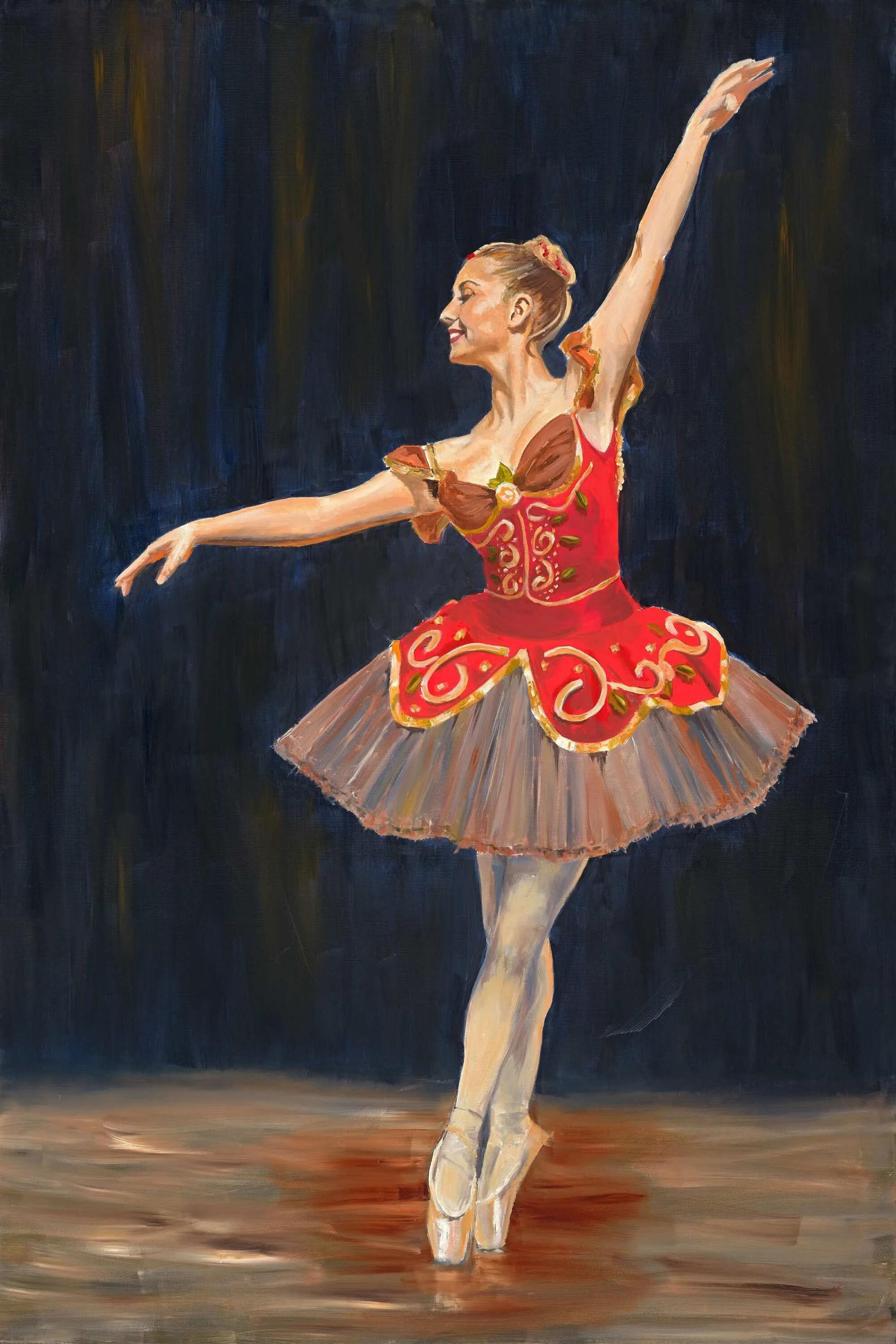 Painting of ballet dancer Lila poised en pointe in a red and gold tutu, one arm raised against a dark theatre curtain.