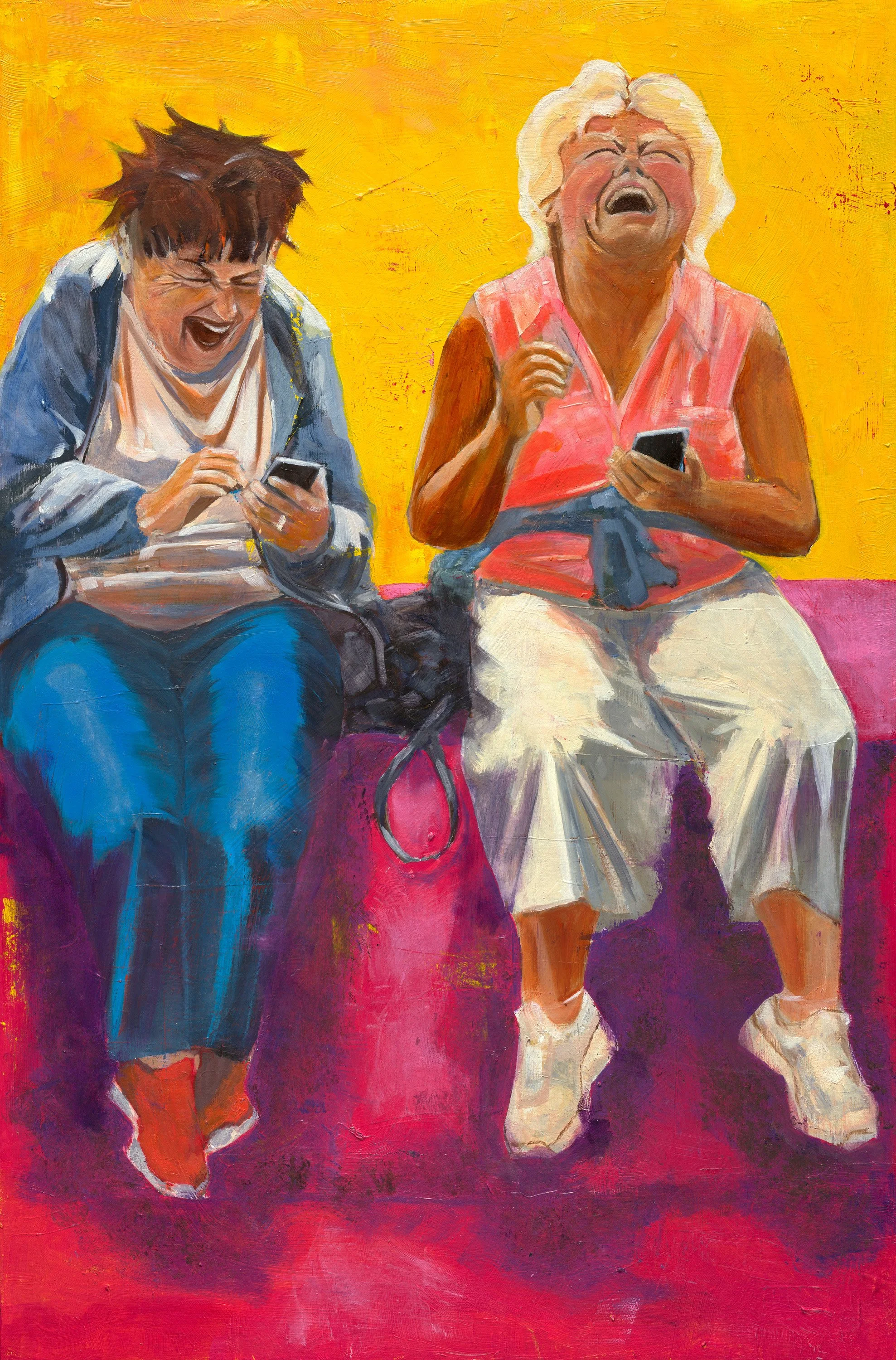 Colourful figurative painting of two women laughing together against a bright yellow background by Amanda Beveridge