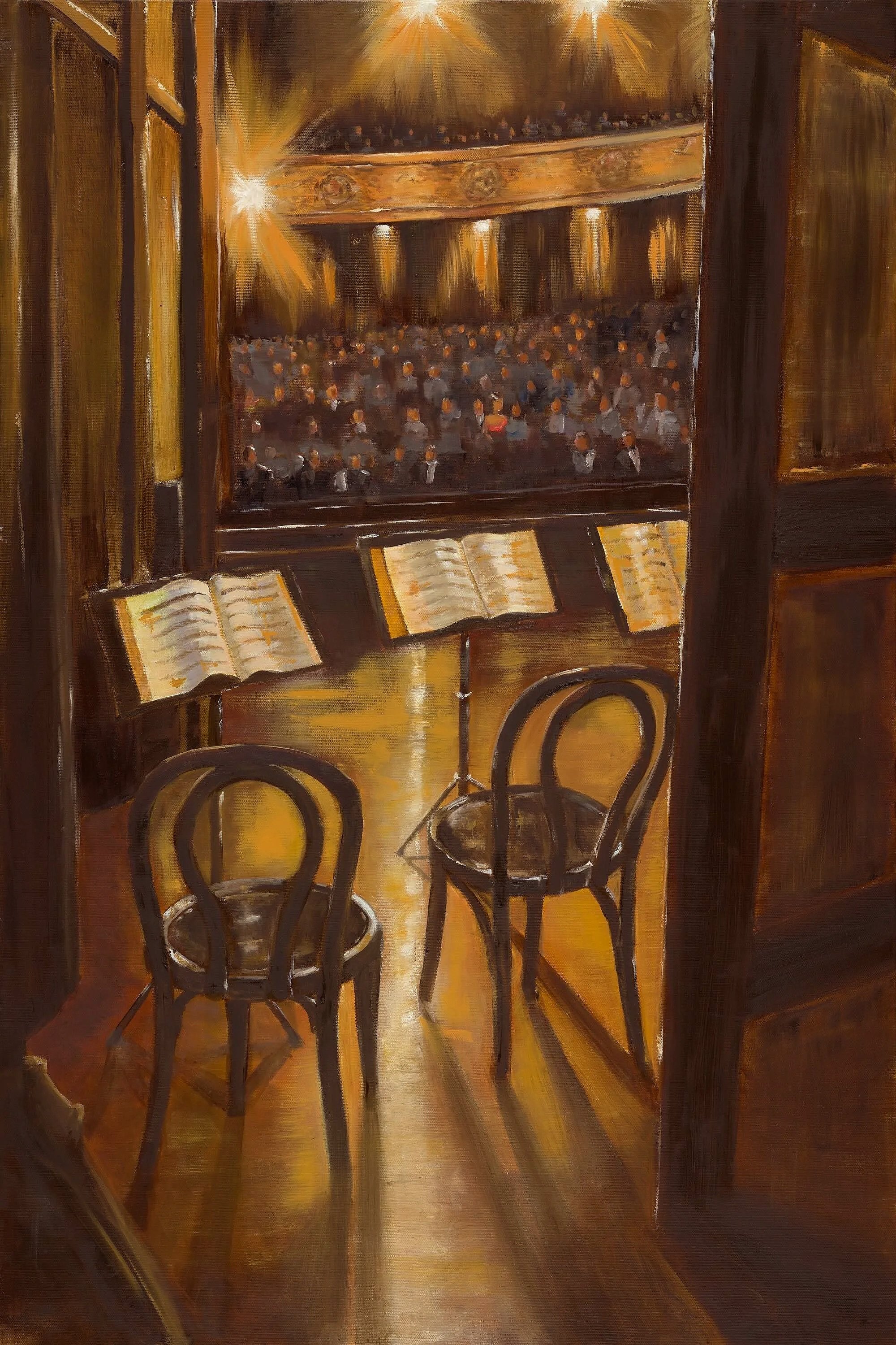 Painting of two empty wooden chairs and music stands viewed through an open doorway, facing a theatre audience under warm golden lights.