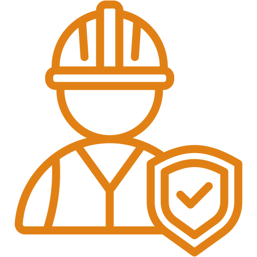 Outline icon of a construction worker wearing a hard hat and holding a shield with a checkmark.