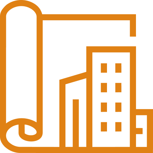 A city skyline depicted in a simple, stylized line drawing with buildings and a rolled paper or blueprint on the left.