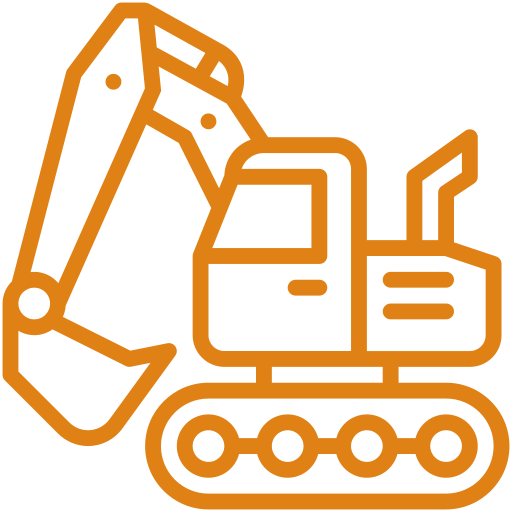 Icon of an excavator construction vehicle with a scoop arm and tracks.