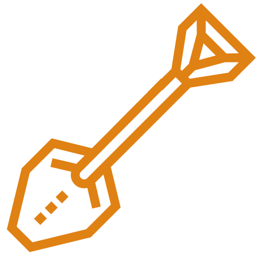 Orange line drawing of a shovel on a black background.