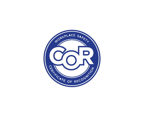A certificate of recognition from the Workplace Safety organization, featuring a blue circular logo with the words 'Certificate of Recognition' and 'Workplace Safety' around the edges, and the acronym 'COR' in the center.