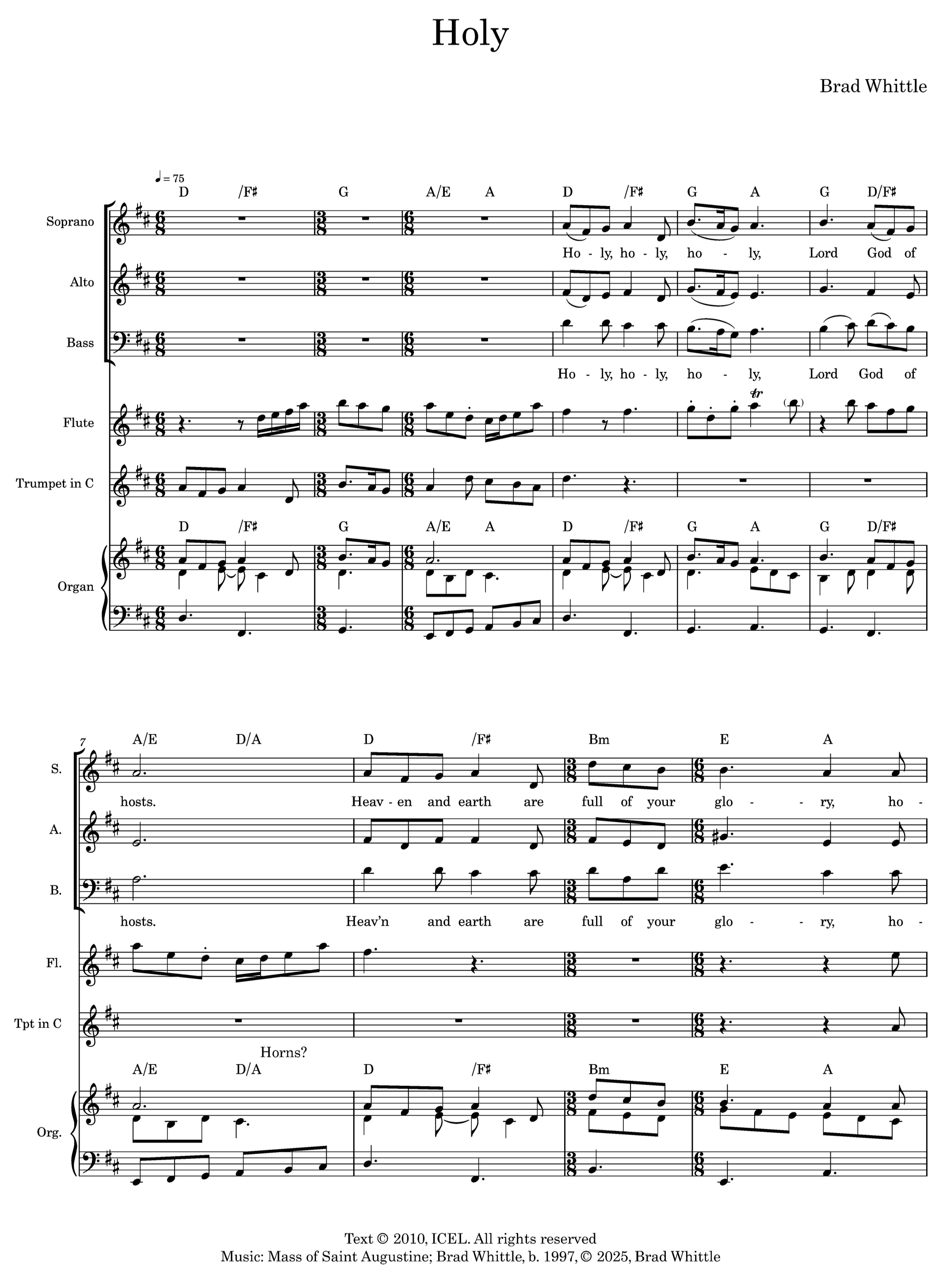 Sheet music titled 'Holy' by Brad Whittle, with lyrics 'Holy, holy, holy, Lord God of hosts, Heaven and earth are full of your glory, Hosanna in the highest' and composed for soprano, alto, bass, flute, trumpet, and organ.