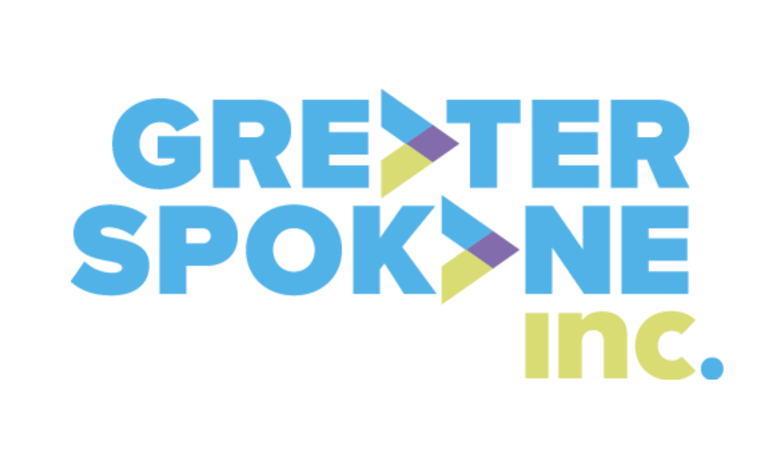 Logo for Greater Spokane Inc., with stylized text in blue, green, purple, and light yellow, featuring geometric arrow shapes between the words.