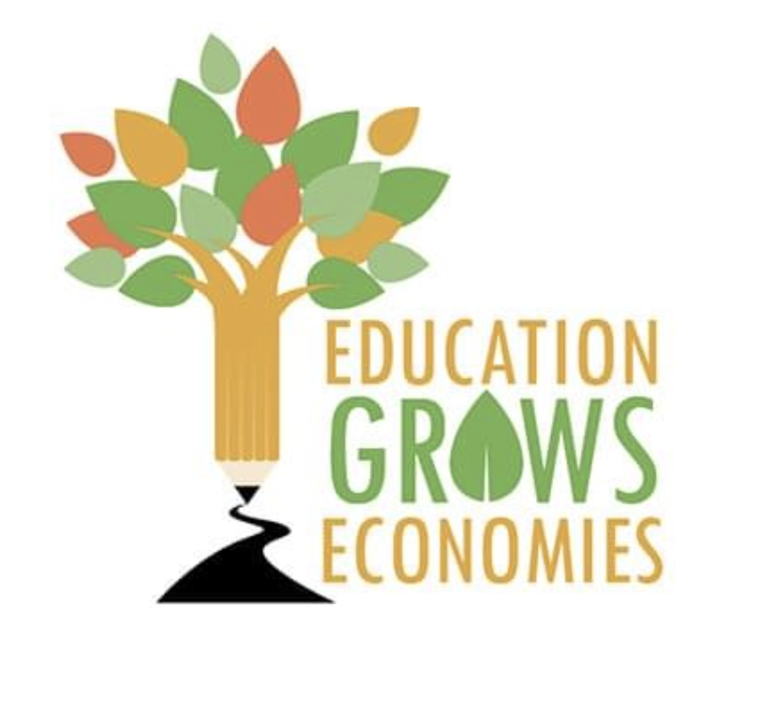 A graphic design with a tree with leaves and a pencil trunk, accompanied by the words "Education Grows Econo." The word "Grows" is stylized with a leaf as the "O," and the overall message is about the relationship between education, growth, and economies.