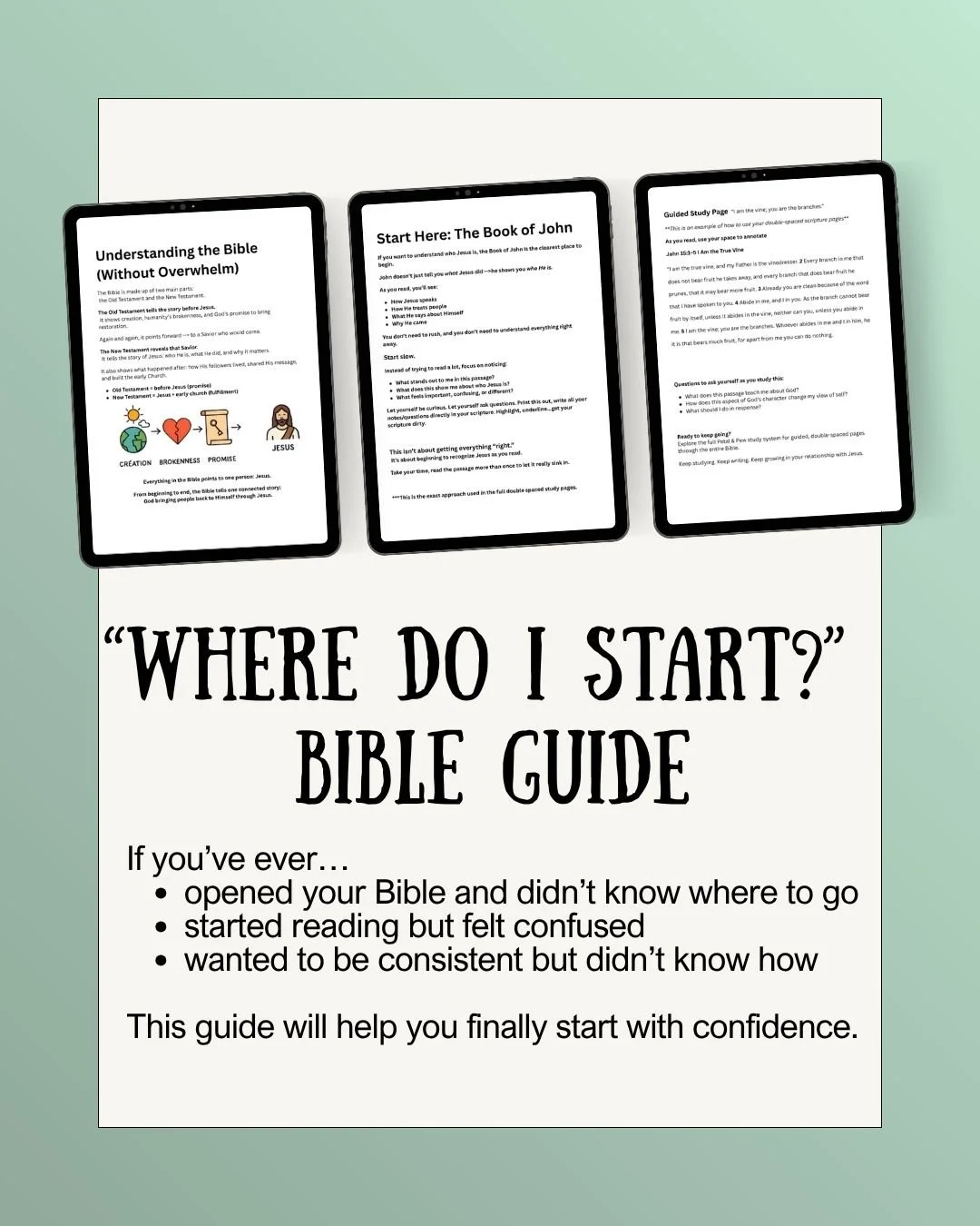 Poster titled "Where Do I Start?" Bible Guide, with three digital devices displaying Bible study material, against a mint green background.