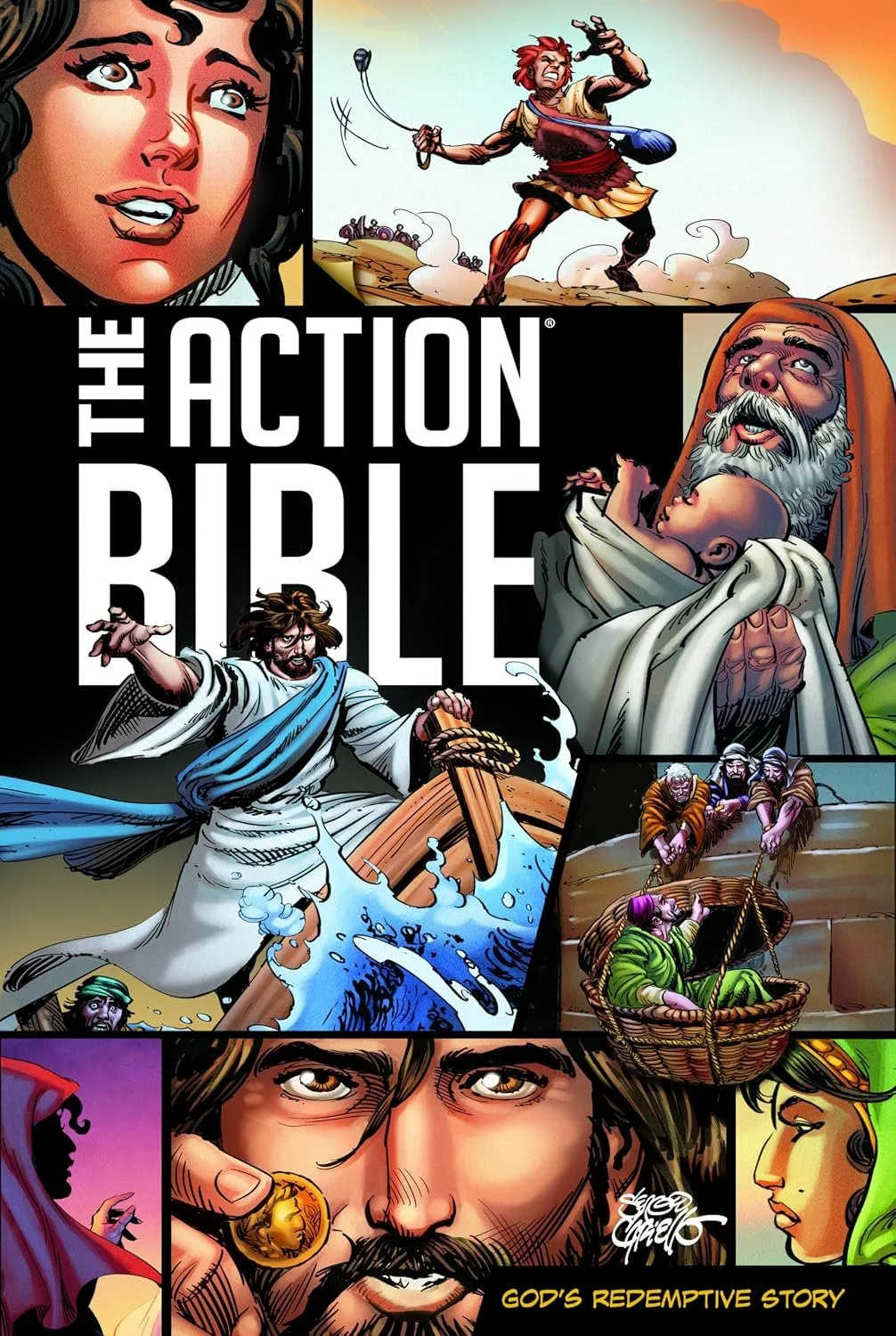 Cover of The Action Bible featuring various illustrated biblical characters including a woman, a man with a staff, Jesus, a shepherd, and a woman in green, with the title in bold white letters and a subtitle 'God's Redemptive Story.'