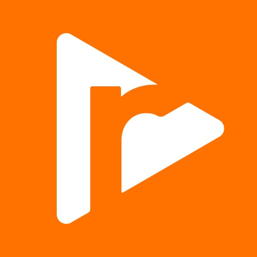 Icon with a white play button and bookmark symbol on an orange background.