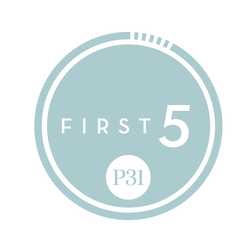 A circular badge with a light blue background, displaying the text "FIRST 5" and the code "P31" inside a smaller white circle.