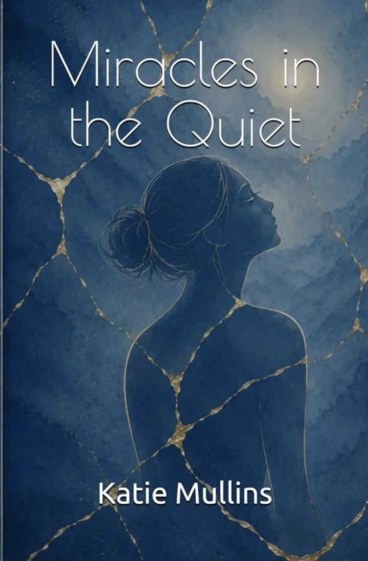 Book cover titled "Miracles in the Quiet" by Katie Mullins, featuring an illustrated silhouette of a woman with her hair in a bun on a blue marbled background with gold veining.