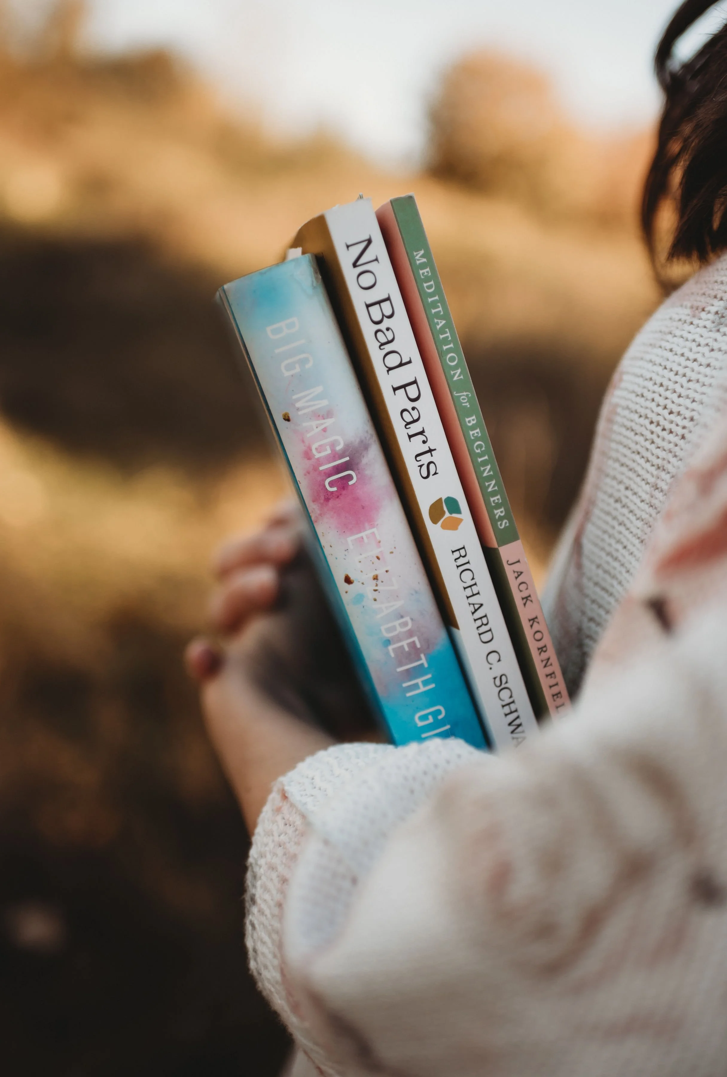 A person holding a few books close to their chest, with the titles visible on the spines, including "No Bad Pets" and "Big Magic." The background and person's face are blurred, focusing on the books.
