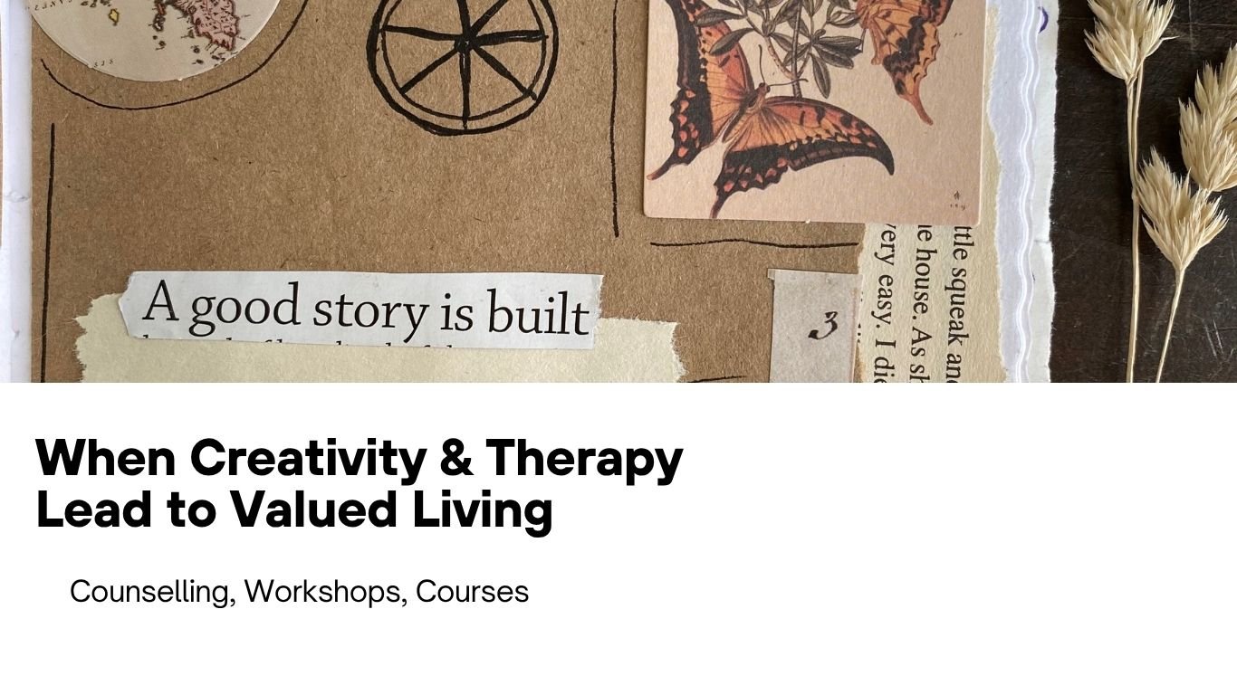 A collage featuring torn paper with text, a vintage map, a butterfly illustration, and dried wheat stalks on a dark background. Includes bold black and small serif text promoting counseling, workshops, and courses.