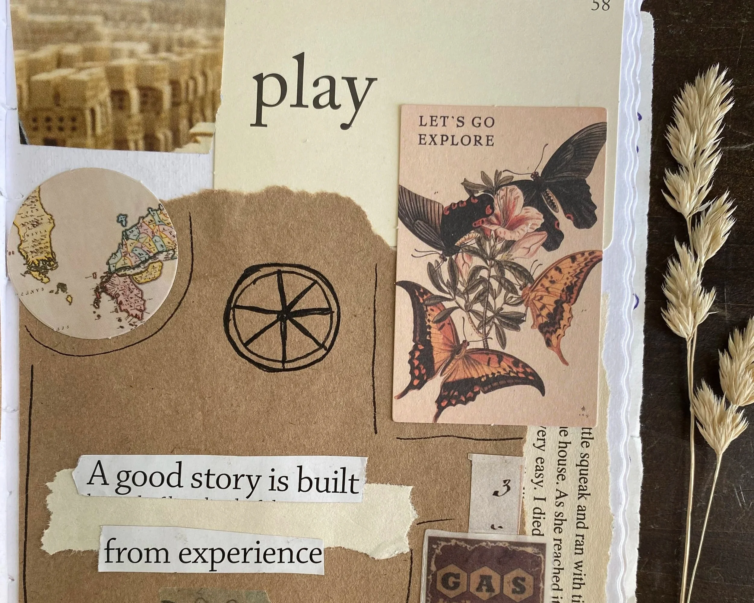 Collage of cut-out paper pieces with various images and texts, including a world map, a butterfly illustration, a wheel sketch, and the word 'play' in large font.