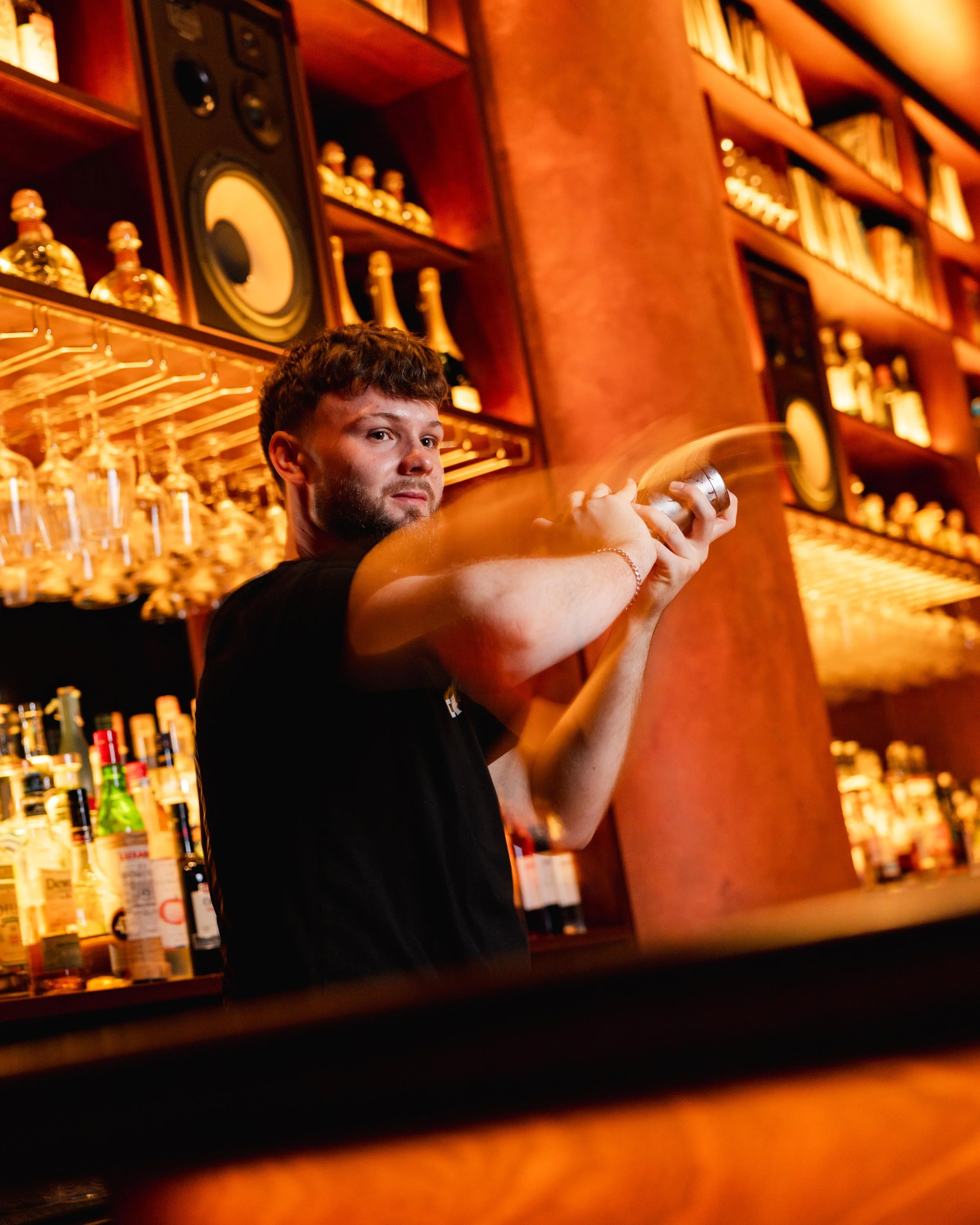 A man with curly brown hair and a beard, holding a cocktail shaker behind a bar, with shelves of liquor bottles and a large speaker in the background.