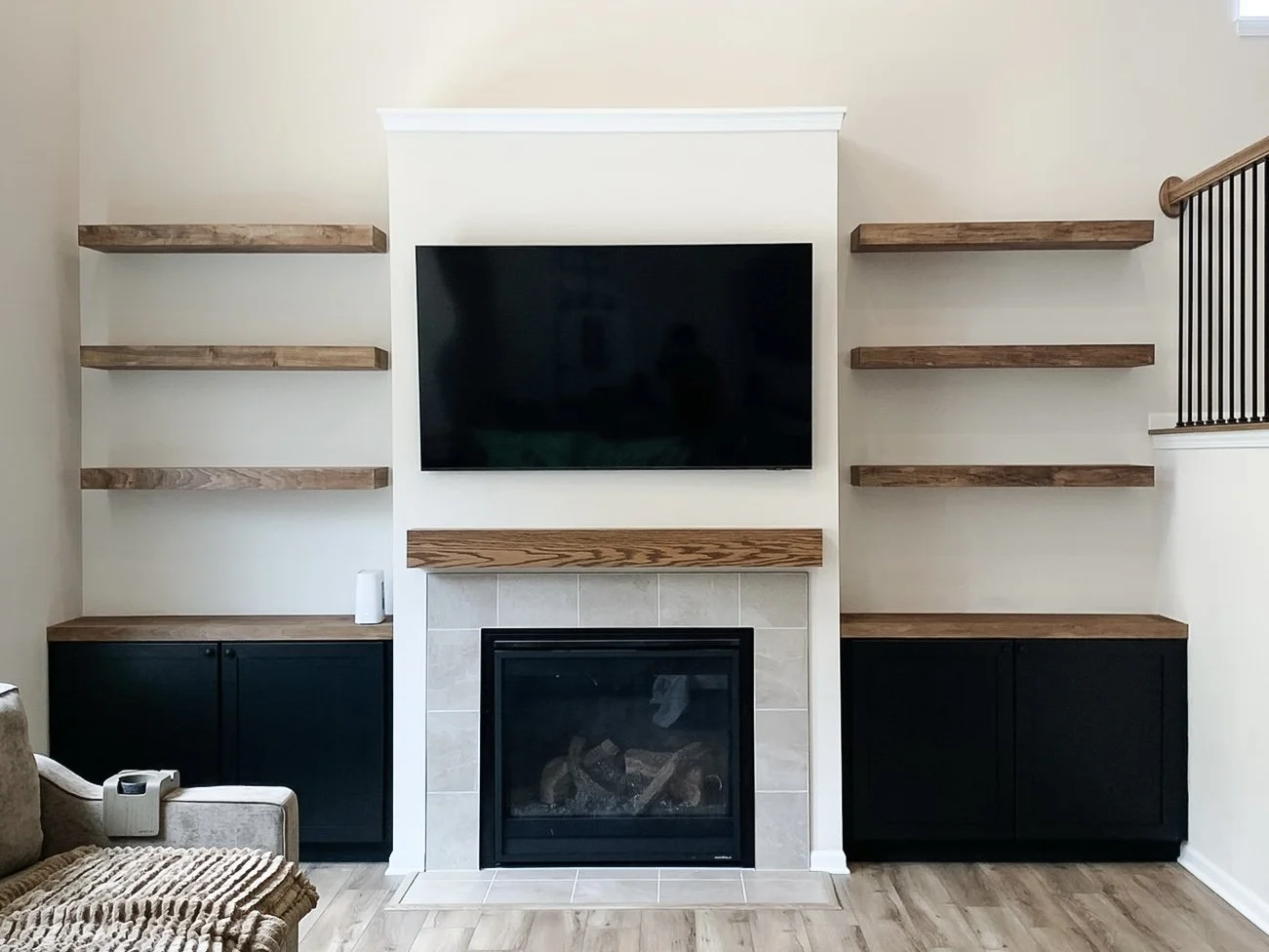 Cabinets and shelves made to match the existing mantle