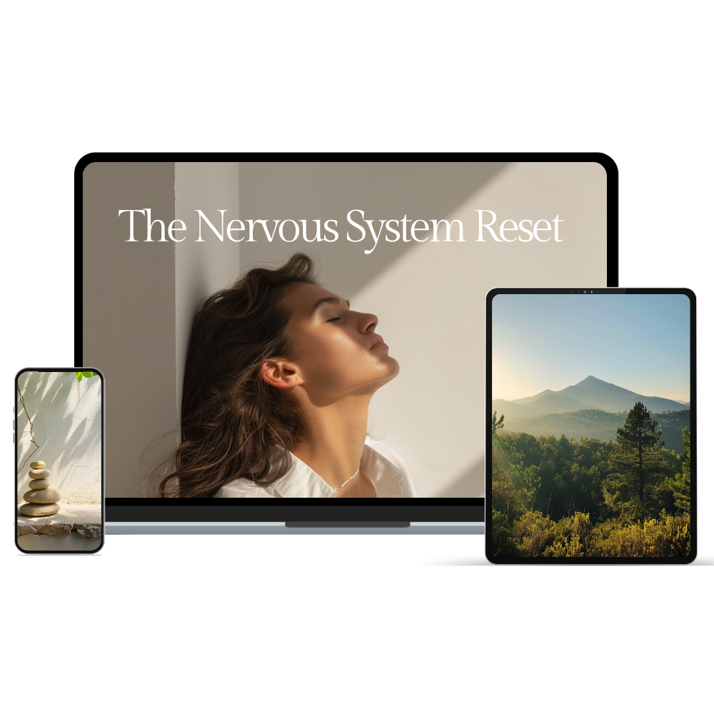 Multiple electronic devices displaying a calming nature scene and a person relaxing with their eyes closed, titled 'The Nervous System Reset'.