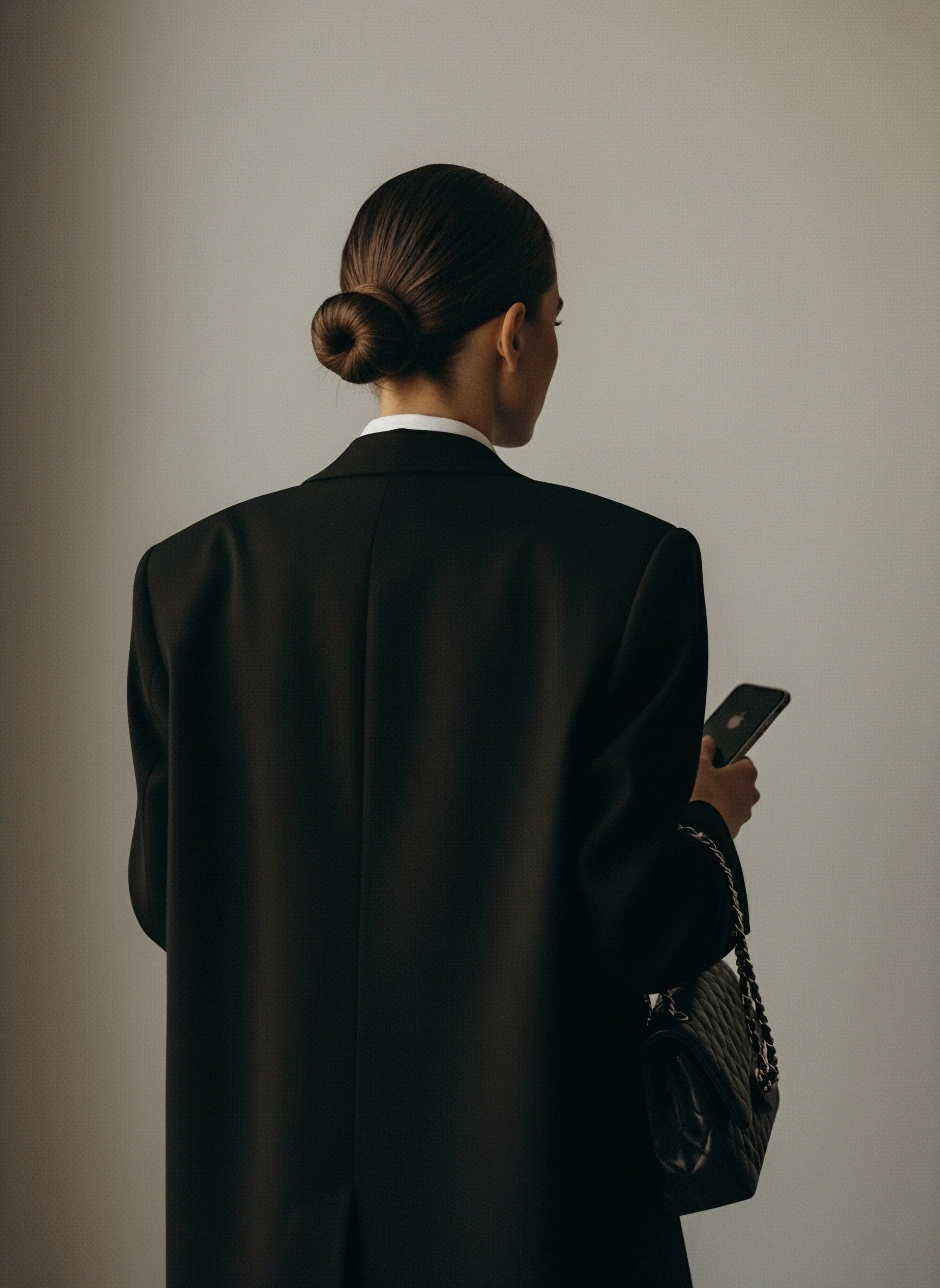 Back of woman with brown hair in bun, wearing black blazer, holding a smartphone, standing against plain light background.