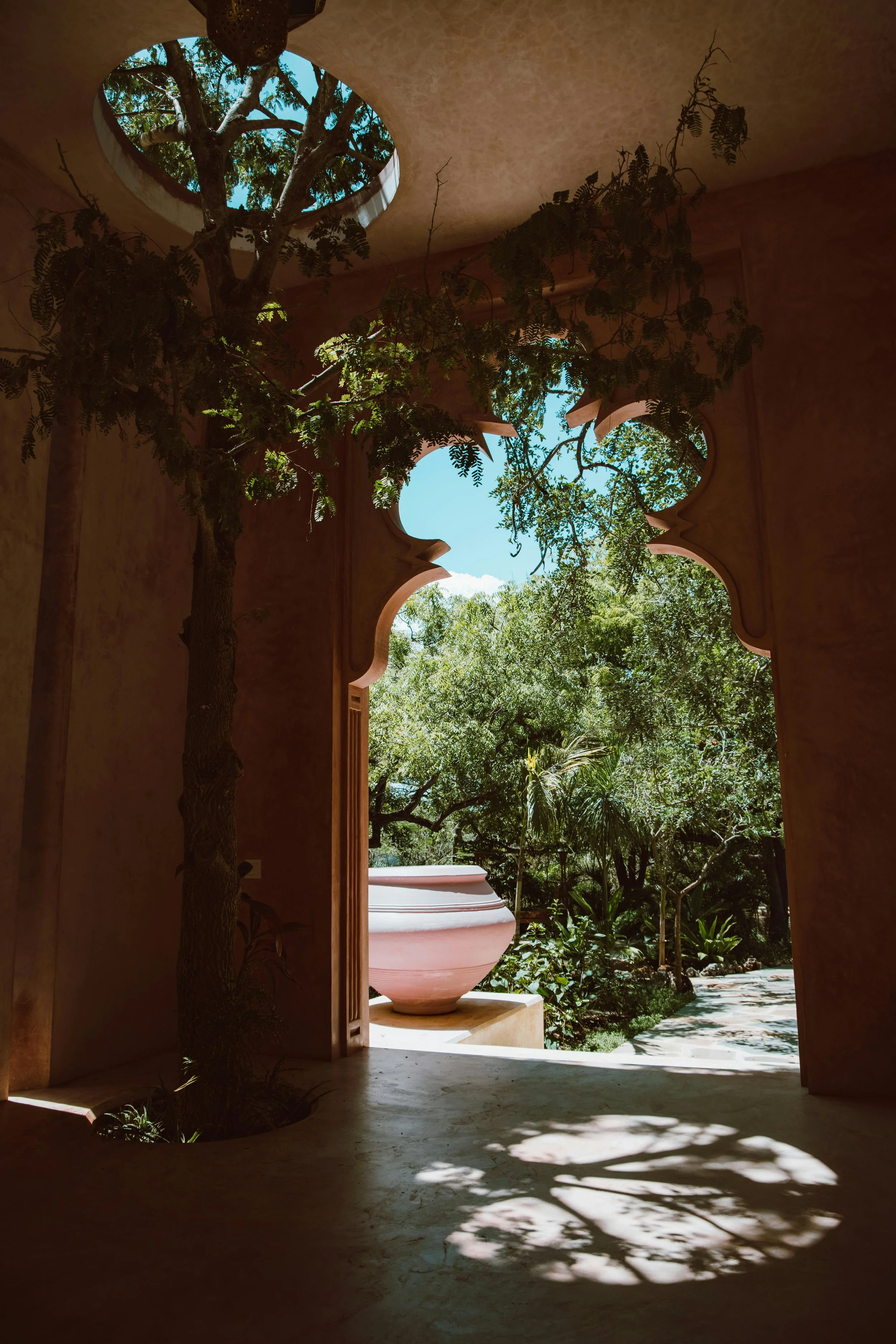 View through an archway showing a courtyard with trees, a large pink planter, and interior walls with decorative cutouts, sunlight casting shadows on the ground.