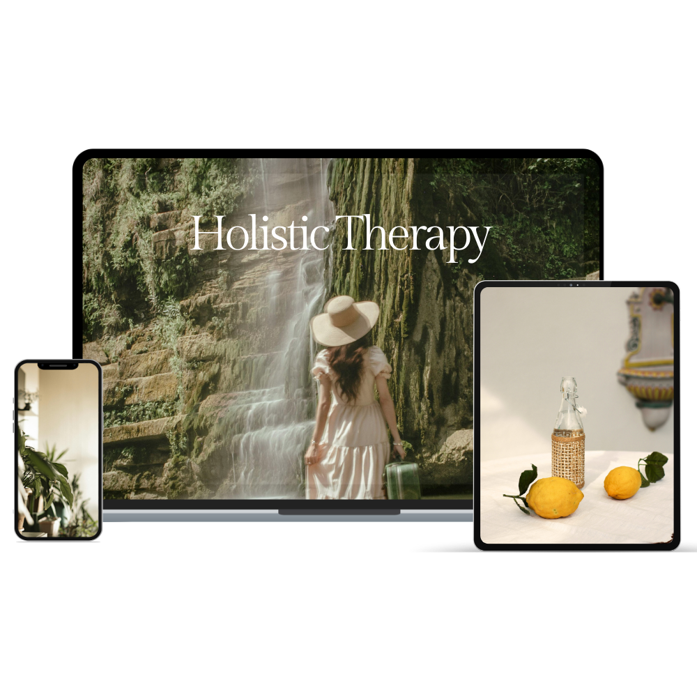 A digital display showing words "Holistic Therapy" over a background of a woman in a white dress with a wide-brim hat, standing in front of a waterfall surrounded by greenery. Two smaller screens show a plant in a pot and lemons with a small bottle, respectively.
