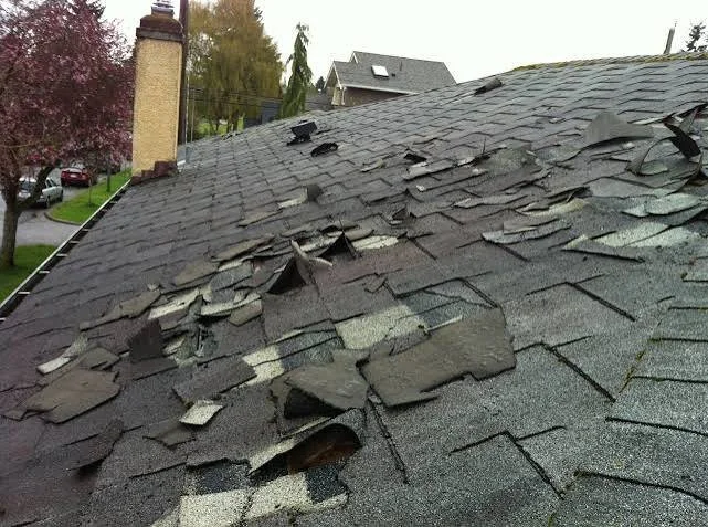 Damaged asphalt shingle roof with missing and broken shingles.