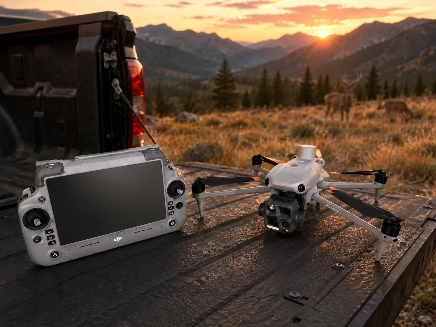 A drone and a remote control are placed on the tailgate of a truck, with a scenic mountain landscape and sunset in the background.