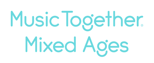 Text reading 'Music Together. Mixed Ages' in teal font on a black background.