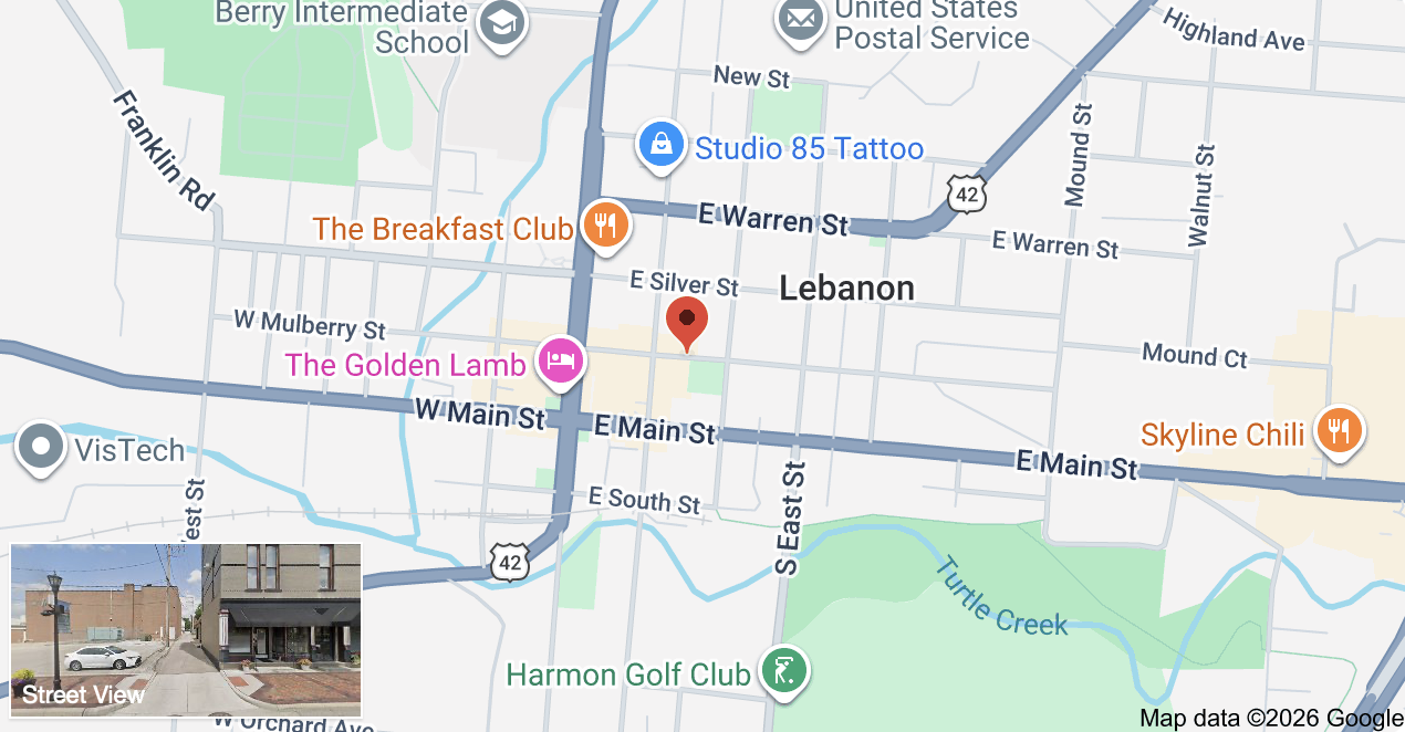 Map of Lebanon showing local businesses and landmarks including The Breakfast Club, The Golden Lamb, Skyline Chili, Studio 85 Tattoo, and Harmon Golf Club.