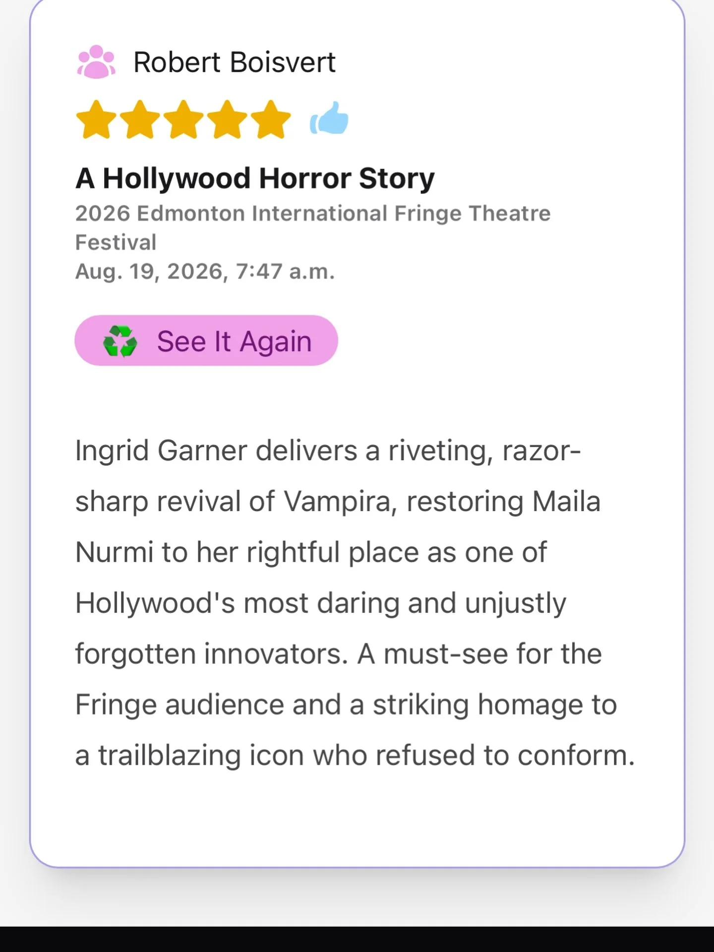 EDMONTON FRINGE! 🎃 These reviews have been so marvelous, thank you!

ahollywoodhorrorstory.com
.
.
.
#vampira #edmontonfringe  #punk #goth #horror