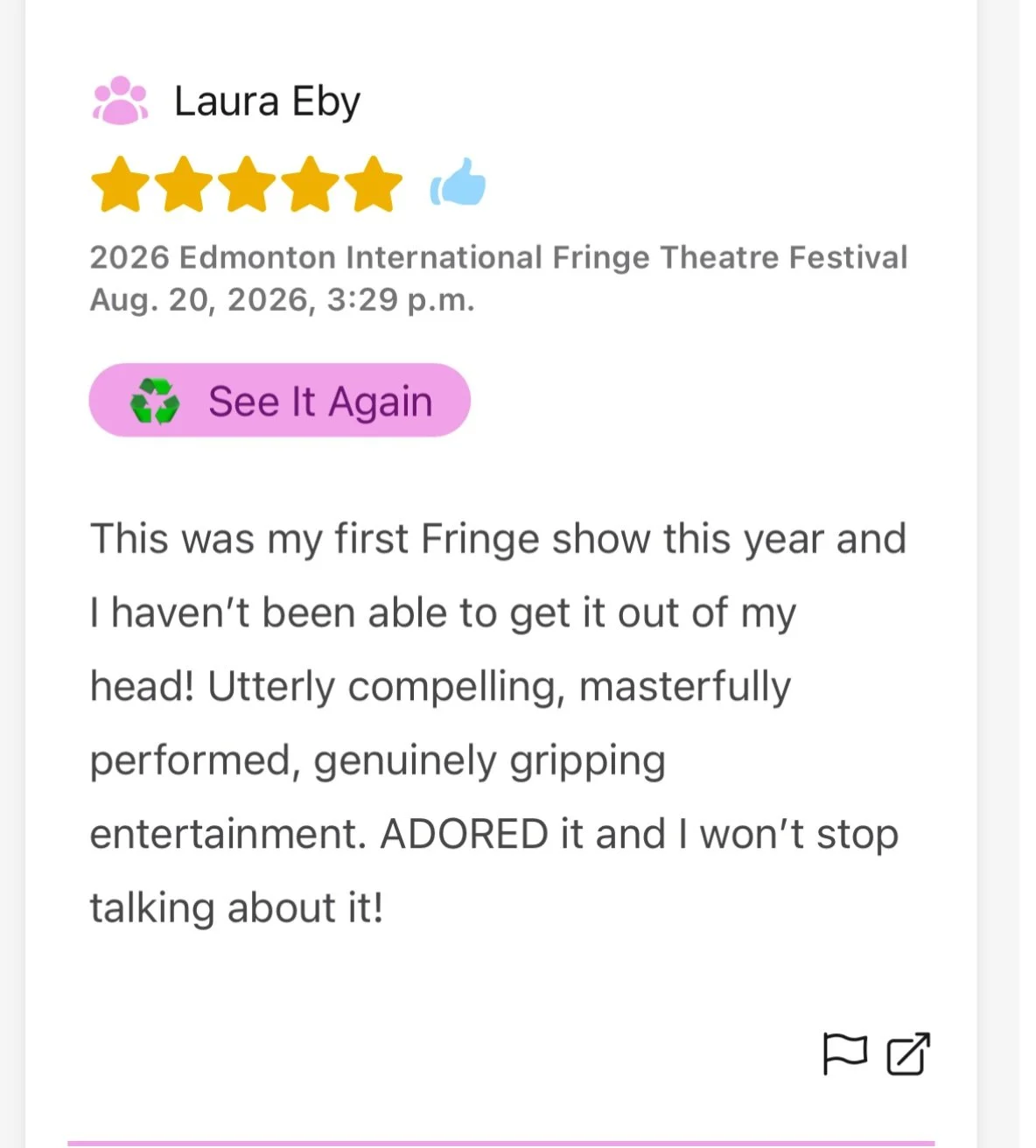 🎃 Catching up on the wickedly kind patron reviews for 𝐀 𝐇𝐎𝐋𝐋𝐘𝐖𝐎𝐎𝐃 𝐇𝐎𝐑𝐑𝐎𝐑 𝐒𝐓𝐎𝐑𝐘 during our Edmonton Fringe run last month!

🖤 Thank you for the gorgeous words, Laura!
.
.
.
#vampira #hollywoodhistory  #punk #goth #horror