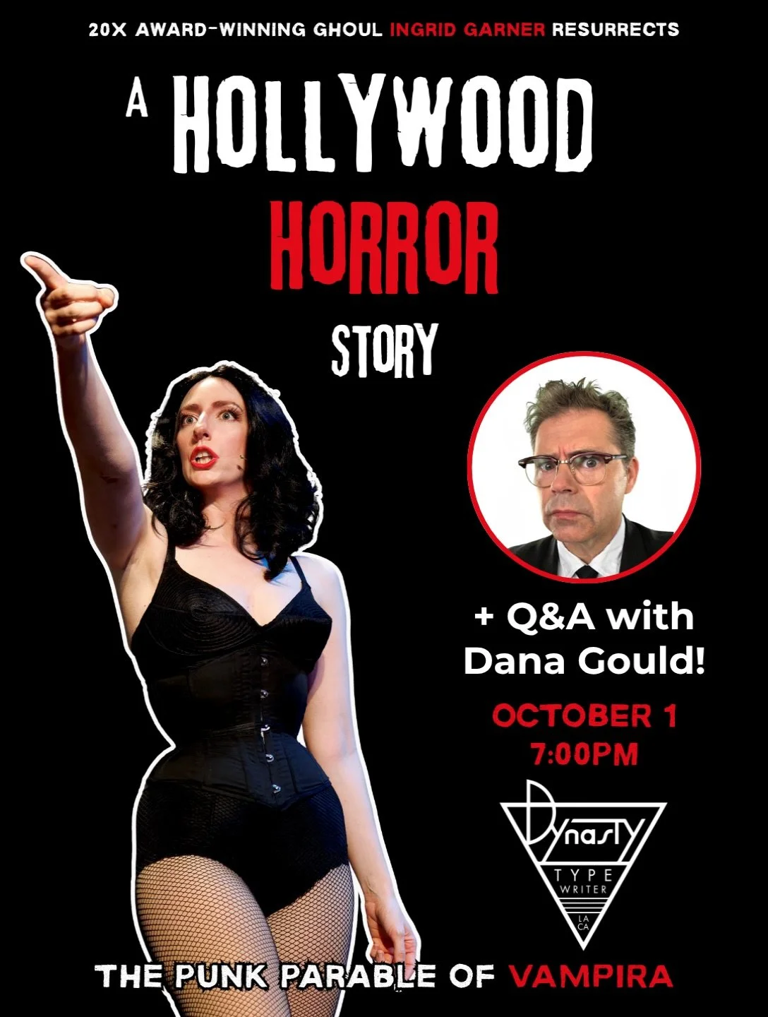 LOS ANGELES 🎃 THU 10/1 @dynastytypewriter 

🦇 After 𝐒𝐎𝐋𝐃 𝐎𝐔𝐓 runs in LA, Orlando, Cincinnati &amp; Edmonton&mdash;20X award-winning Fringe ghoul @ingridgarner resurrects the legend of Vampira (TV&rsquo;s first Horror Host) at Dynasty Typewri