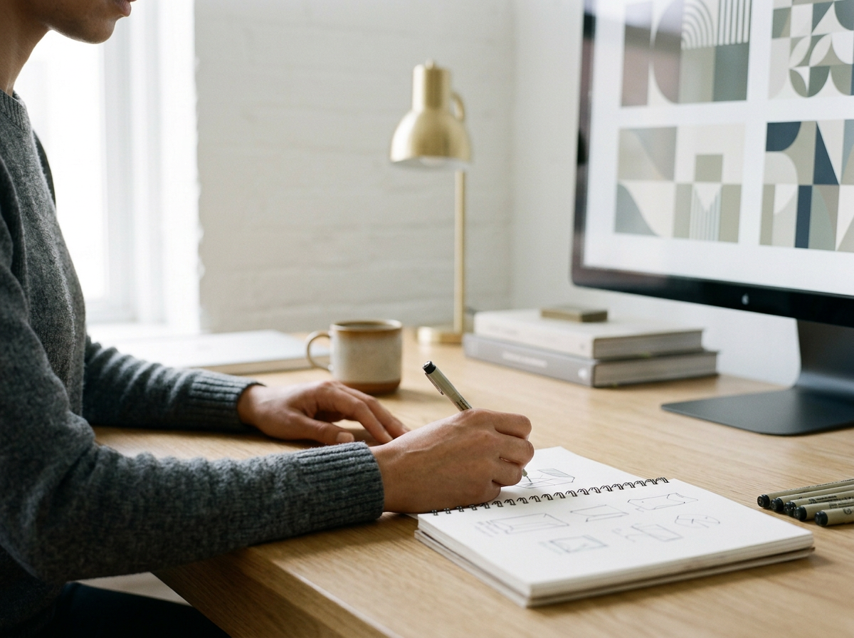 A person sitting at a wooden desk sketching design ideas in a notebook with a computer monitor showing geometric patterns, a mug, a desk lamp, and stacked books in the background.