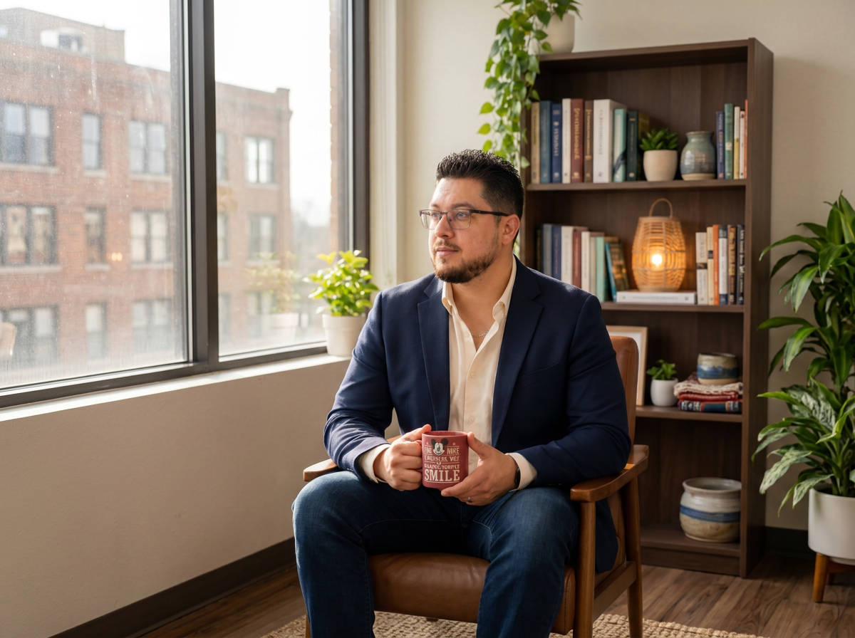 LPC Julio Ibarra sitting in his office in Texas for Virtual Therapy Session