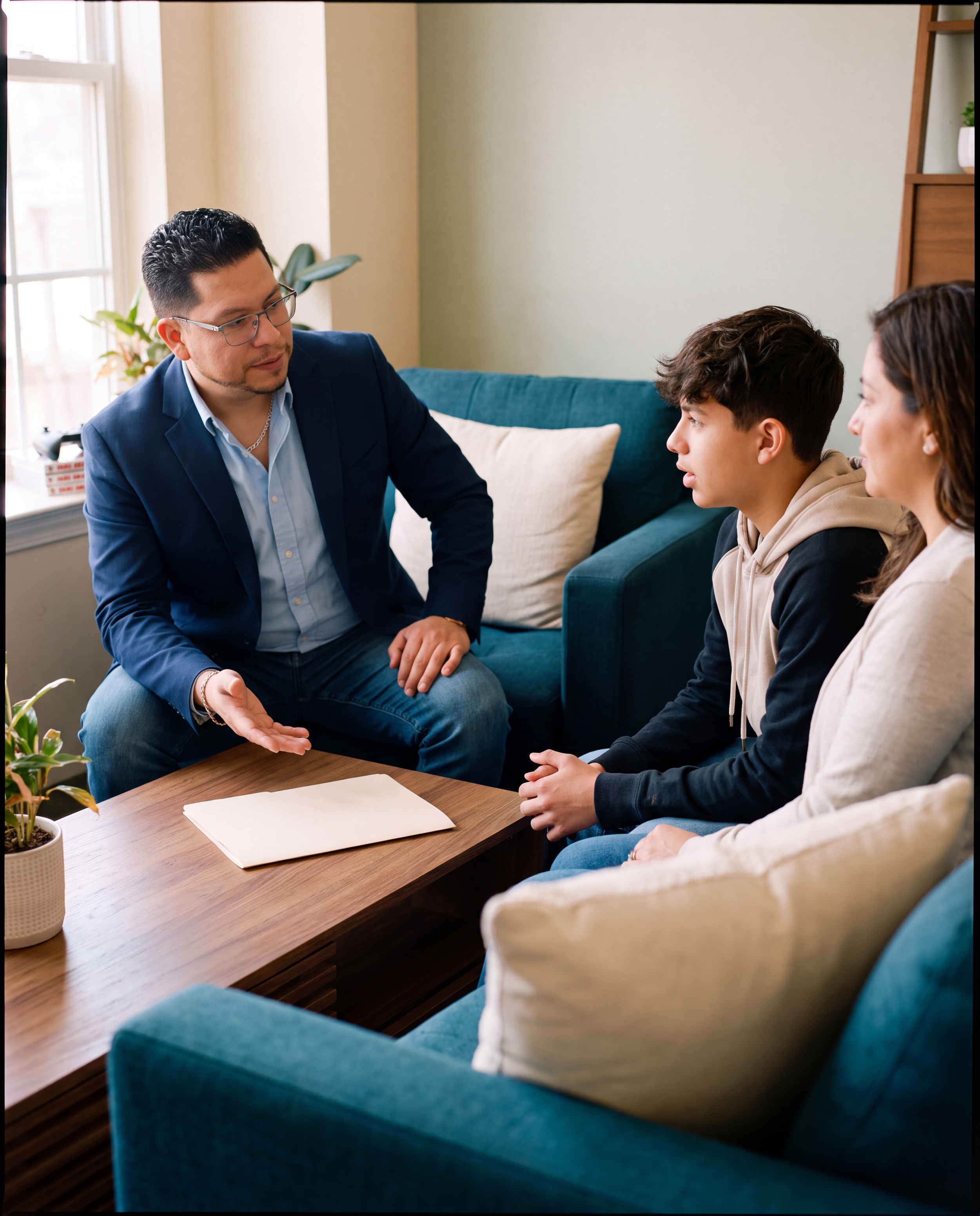 een therapist collaborating with a teenager and parent on personalized therapy goals.