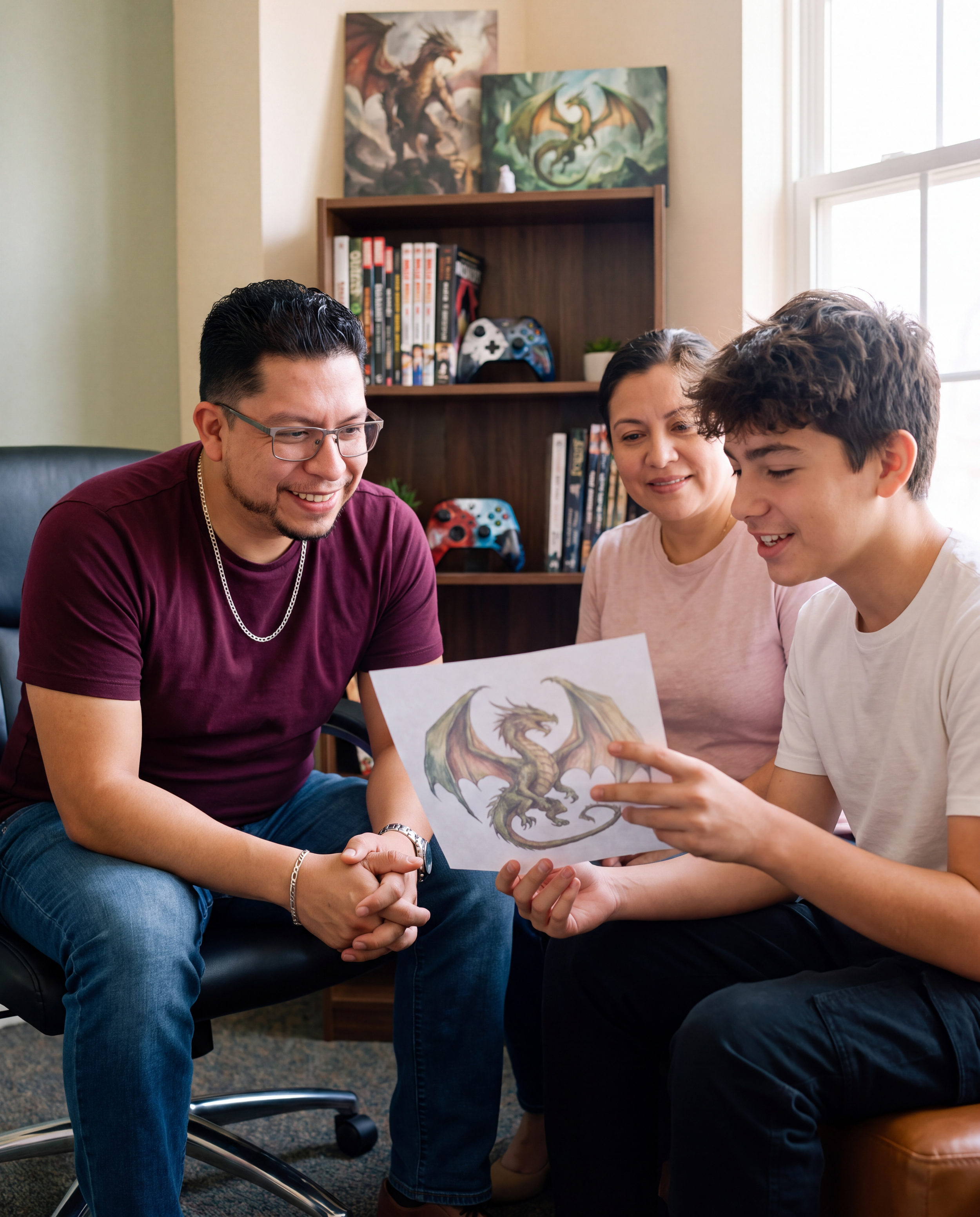 Teen therapist Julio Ibarra connecting with a teenager through games, stories, and shared interests.