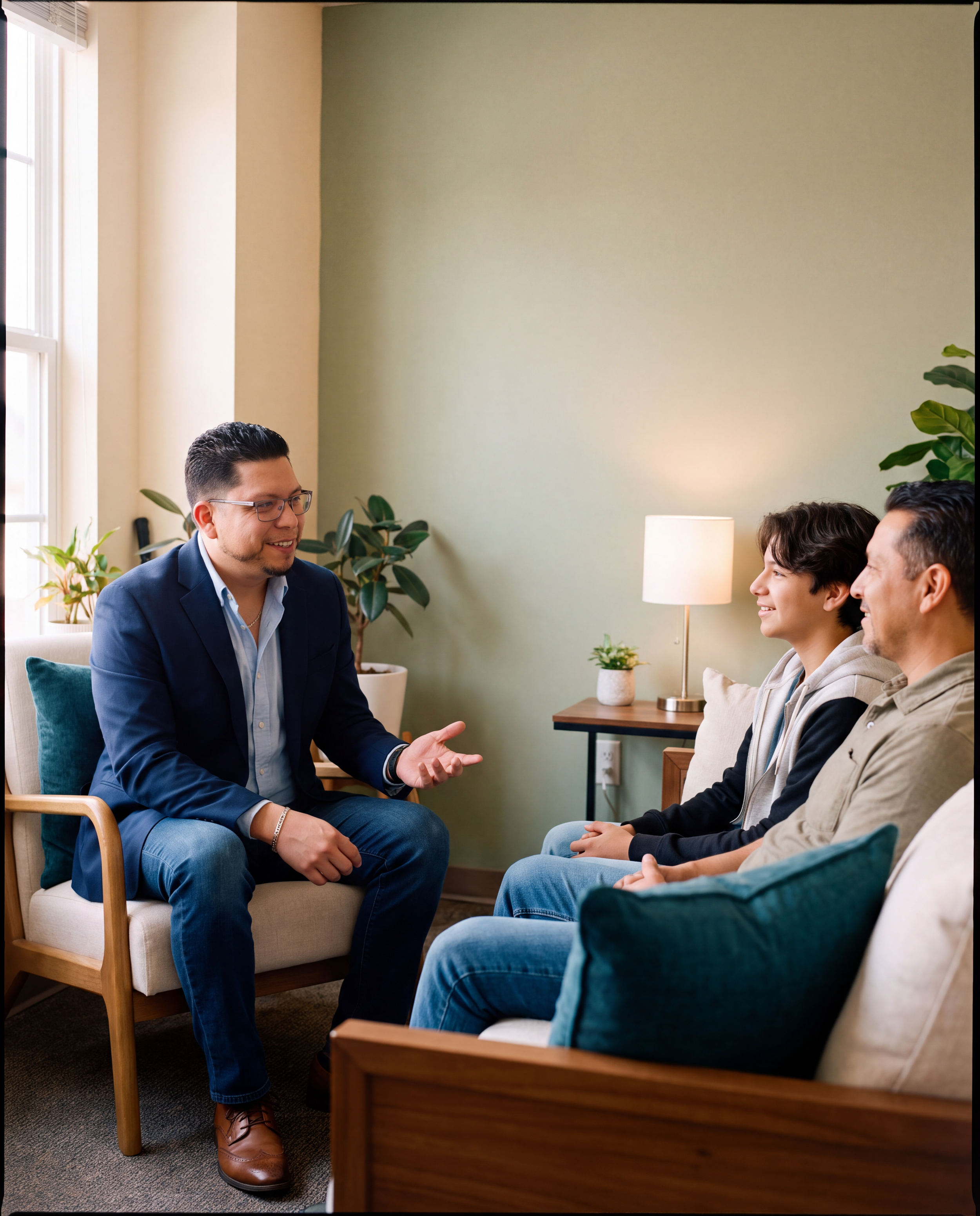 Julio Ibarra speaking with a teenager and parent during bilingual therapy in English or Spanish.
