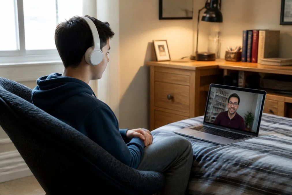 Adolescent recieving Viruatl Therapy online for School Stress with Wayfinder Counseling Therapy.