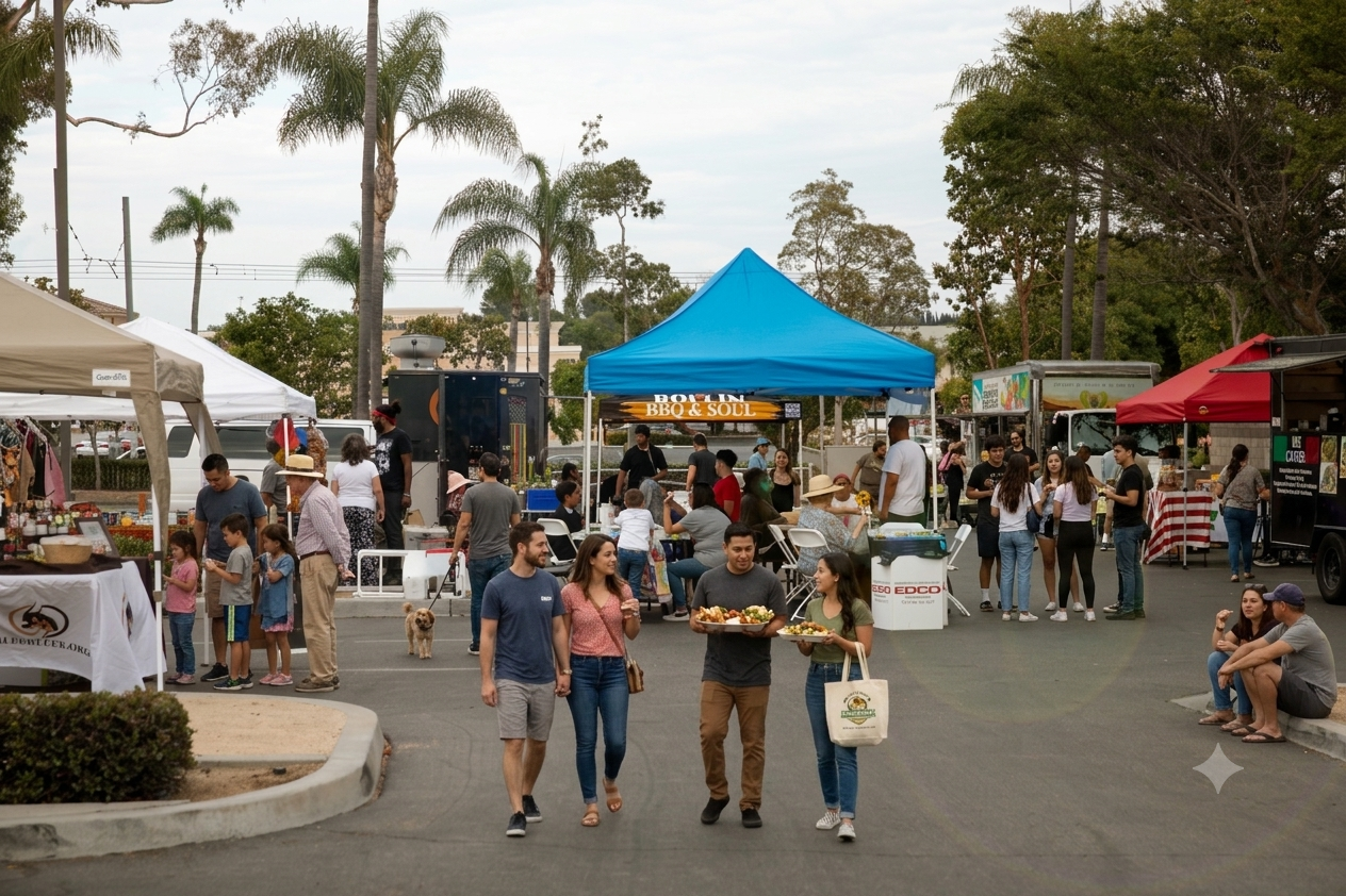 People walking and shopping at an outdoor food and craft market with tents, food trucks, and trees in the background.