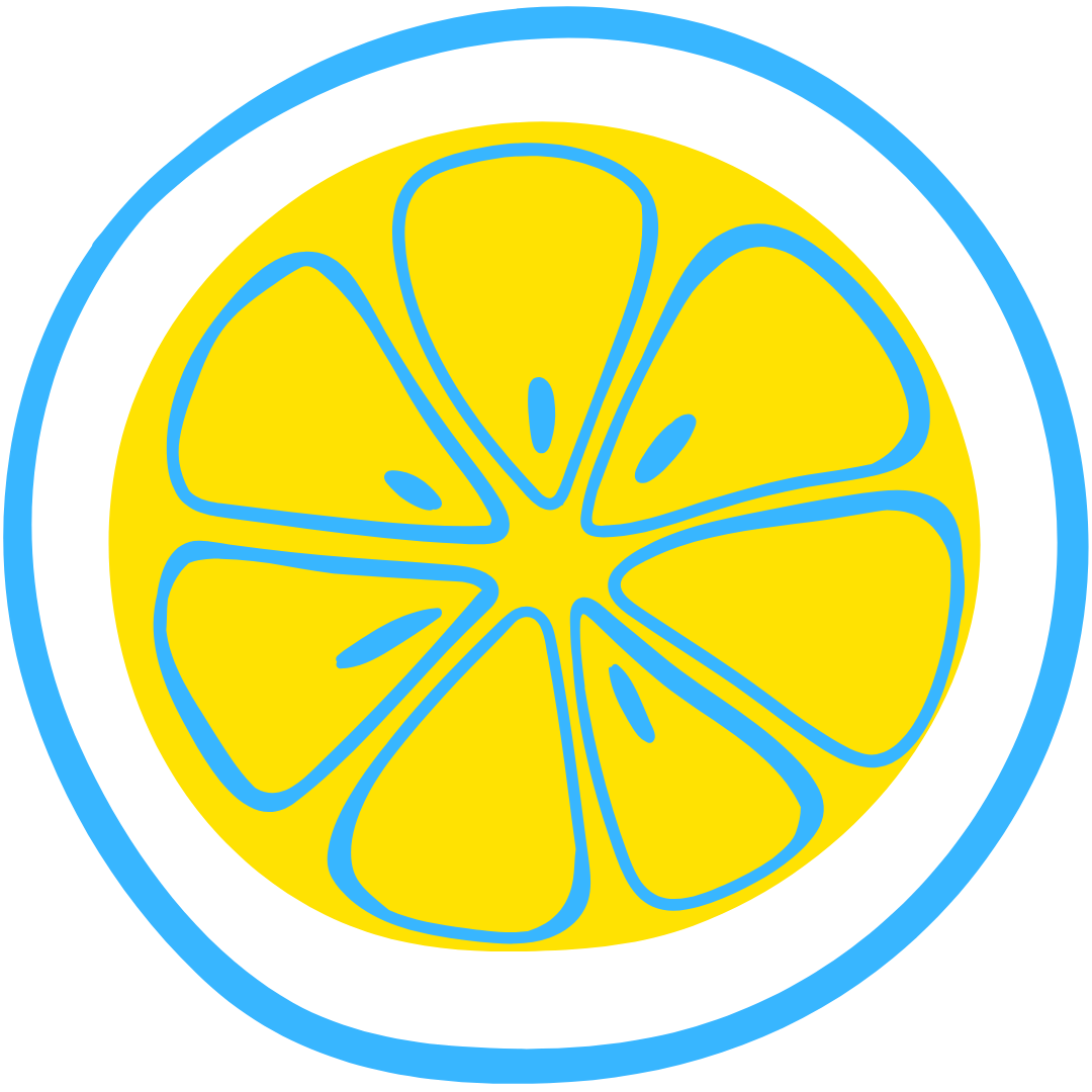 Outline drawing of a lemon slice with yellow interior and blue outlines.