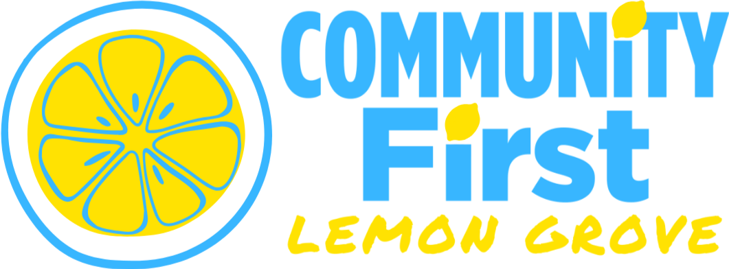 Logo with a lemon slice on the left and the text "Community First Lemon Grove" in blue and yellow on the right.