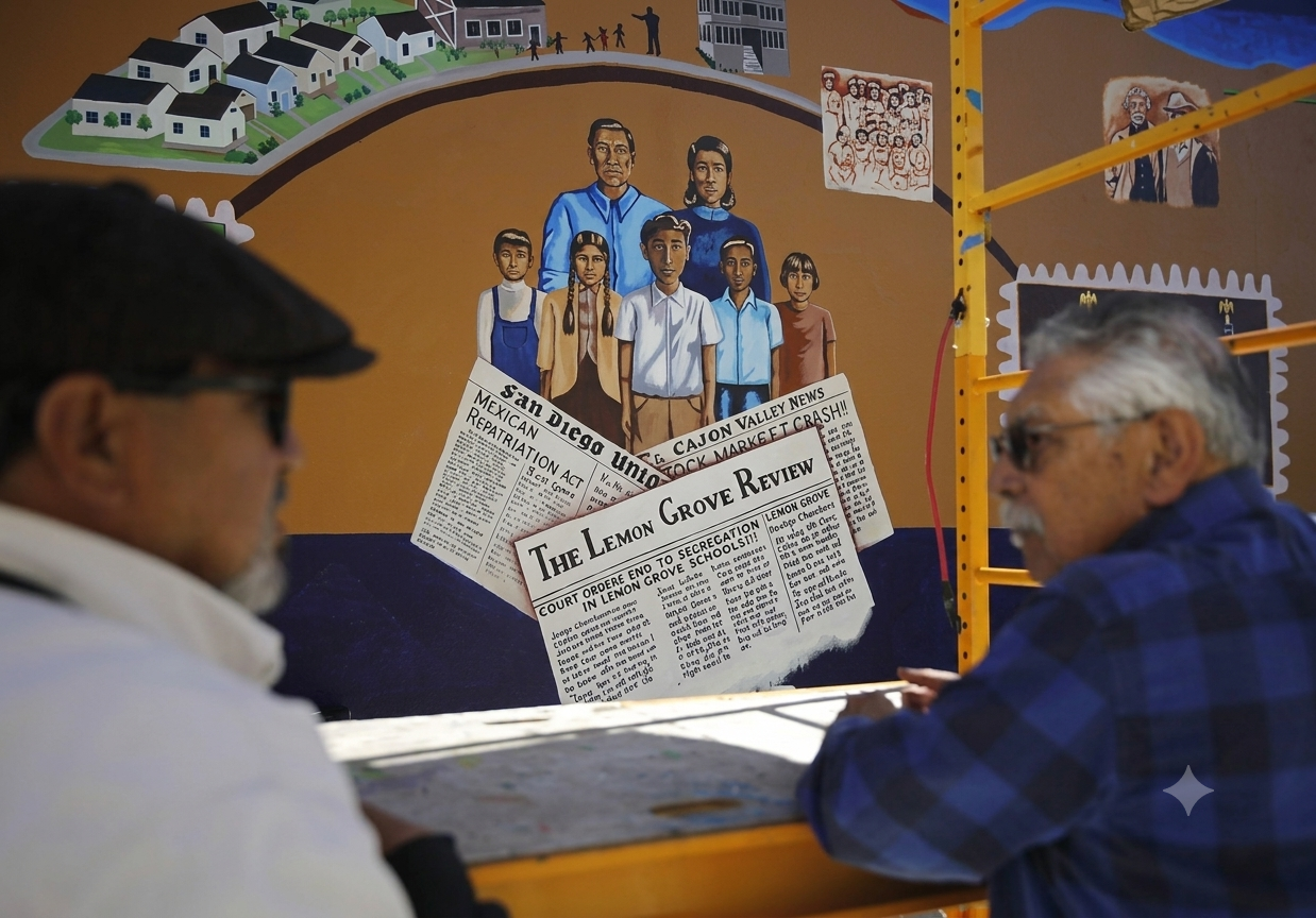 Two men sitting and talking at a table with a mural behind them. The mural depicts a family portrait of seven people, a town scene, and newspaper clippings about Lemon Grove Incident.