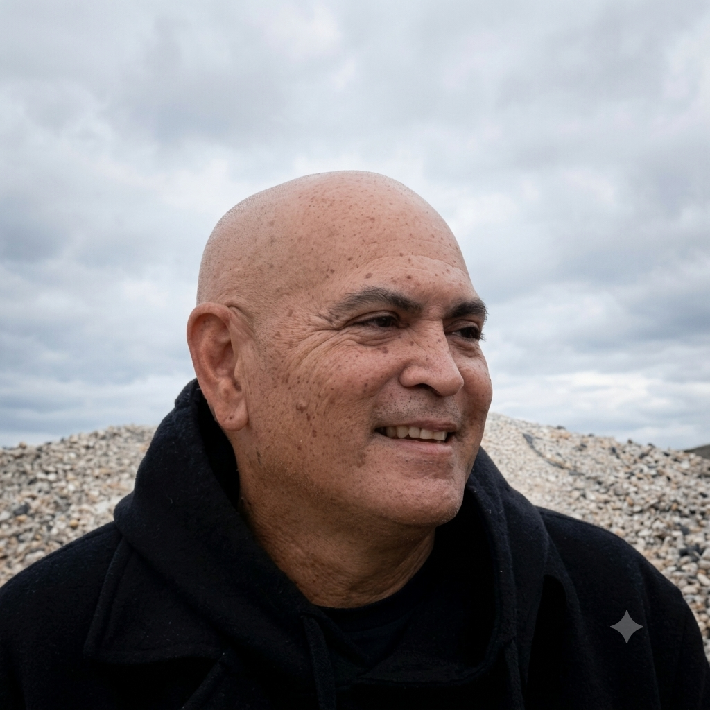 Close-up of a smiling bald man wearing a black hoodie outside with cloudy sky and rocky terrain in background.