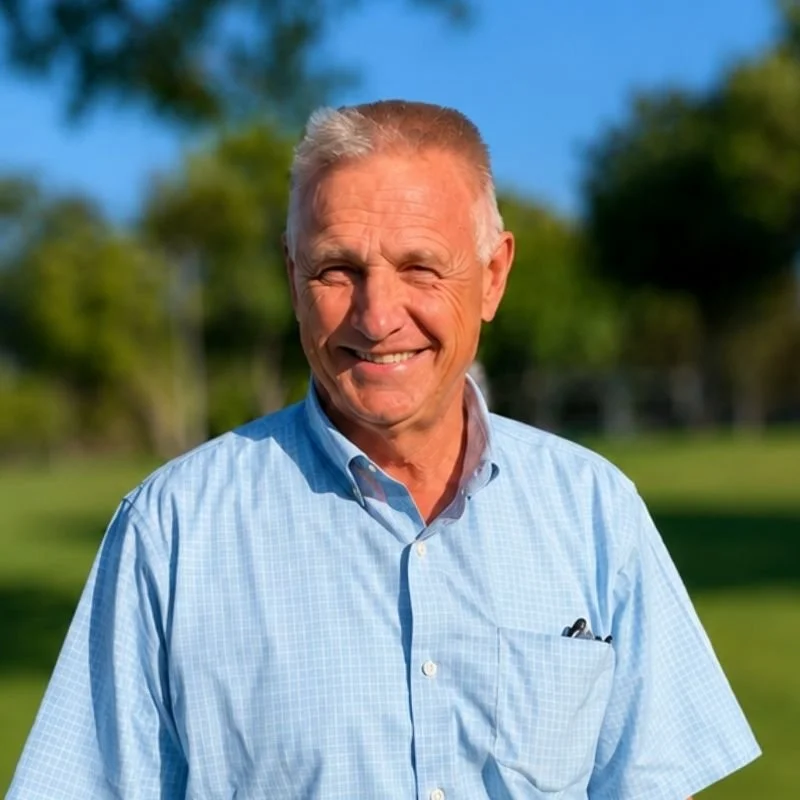 Senior man smiling outdoors in a park on a sunny day, wearing a light blue button-up shirt.