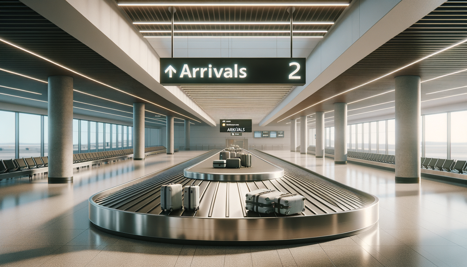 Airport baggage claim area with a luggage conveyor and an arrivals sign.