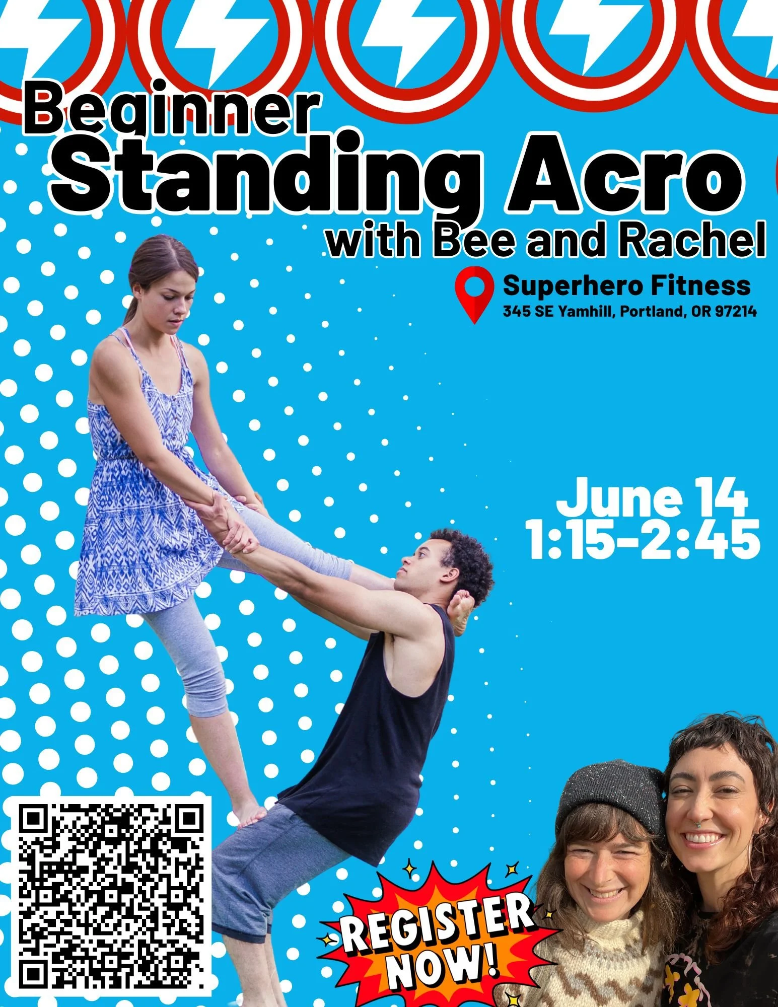 A colorful promotional flyer for a beginner standing acro class with Bee and Rachel. It features an image of a woman in athletic clothing performing an acro pose with a man. The background is blue with white polka dots and red and white lightning bol