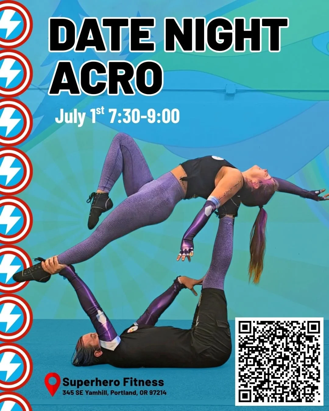 A promotional poster for a date night event at Superhero Fitness in Portland, Oregon, featuring a photo of two women performing an acro yoga pose, with event details shown as July 1st, 7:30 to 9:00 pm, including a QR code and location information.