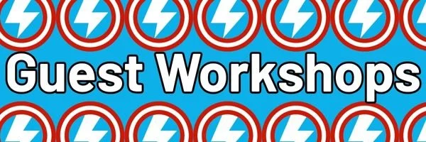 Sign with the text 'Guest Workshops' and a pattern of blue and white lightning bolt logos inside red circles in the background.